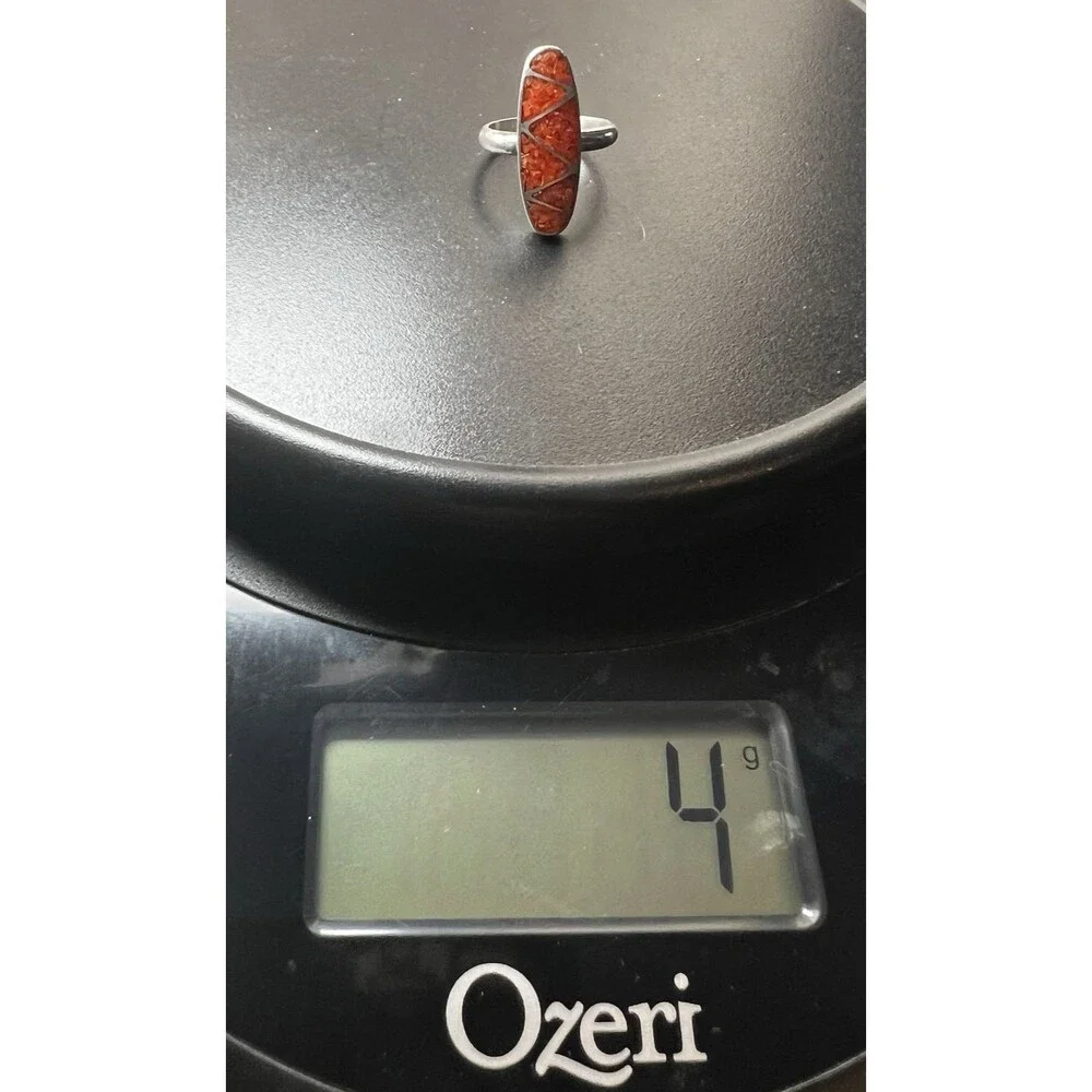 Sterling Silver Vintage Native Coral Inlay Ring Size 5, 4 Grams Total Weight
